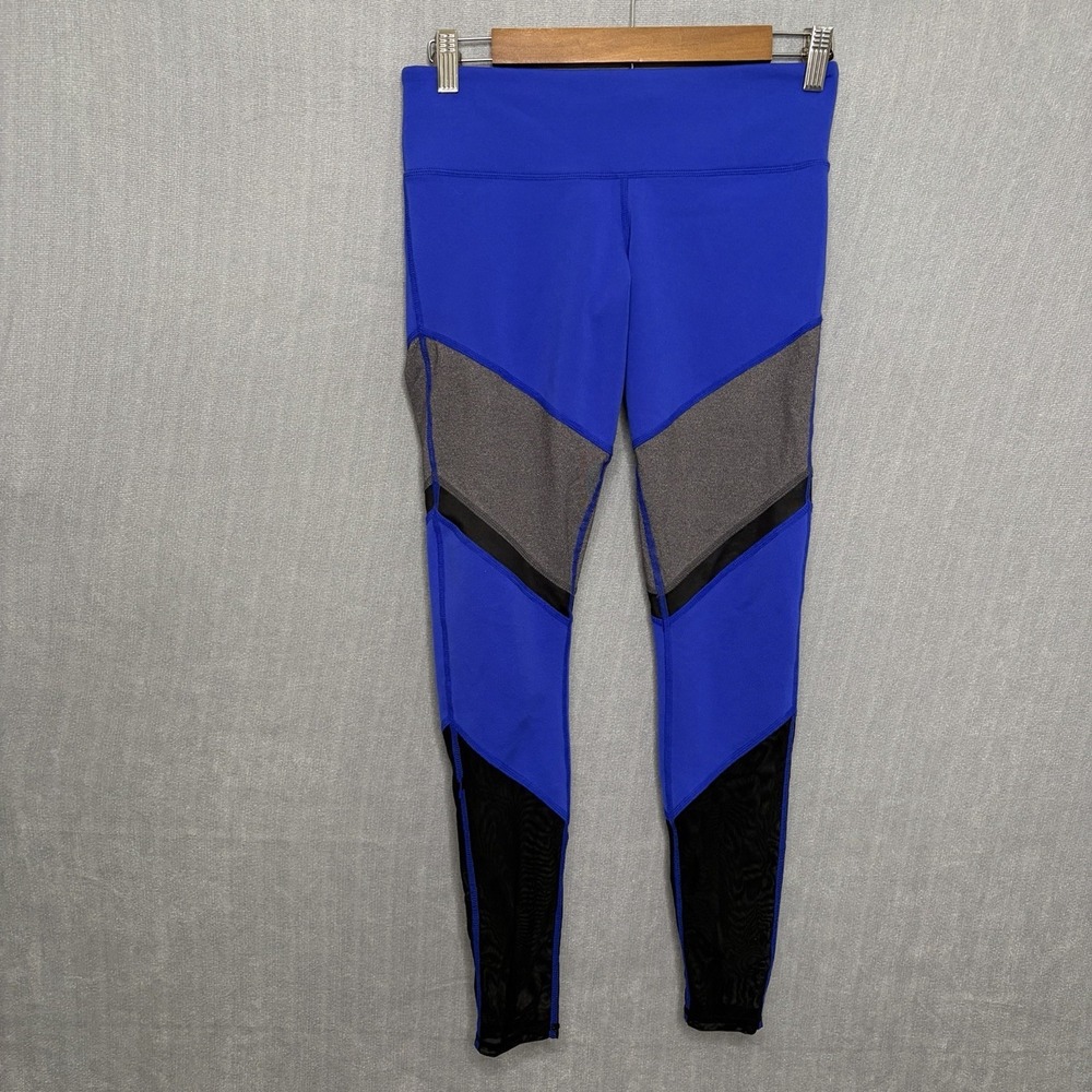 ALO Colorblock Mesh Panel Ankle Leggings Blue Gray Black Stretch Athleisure S